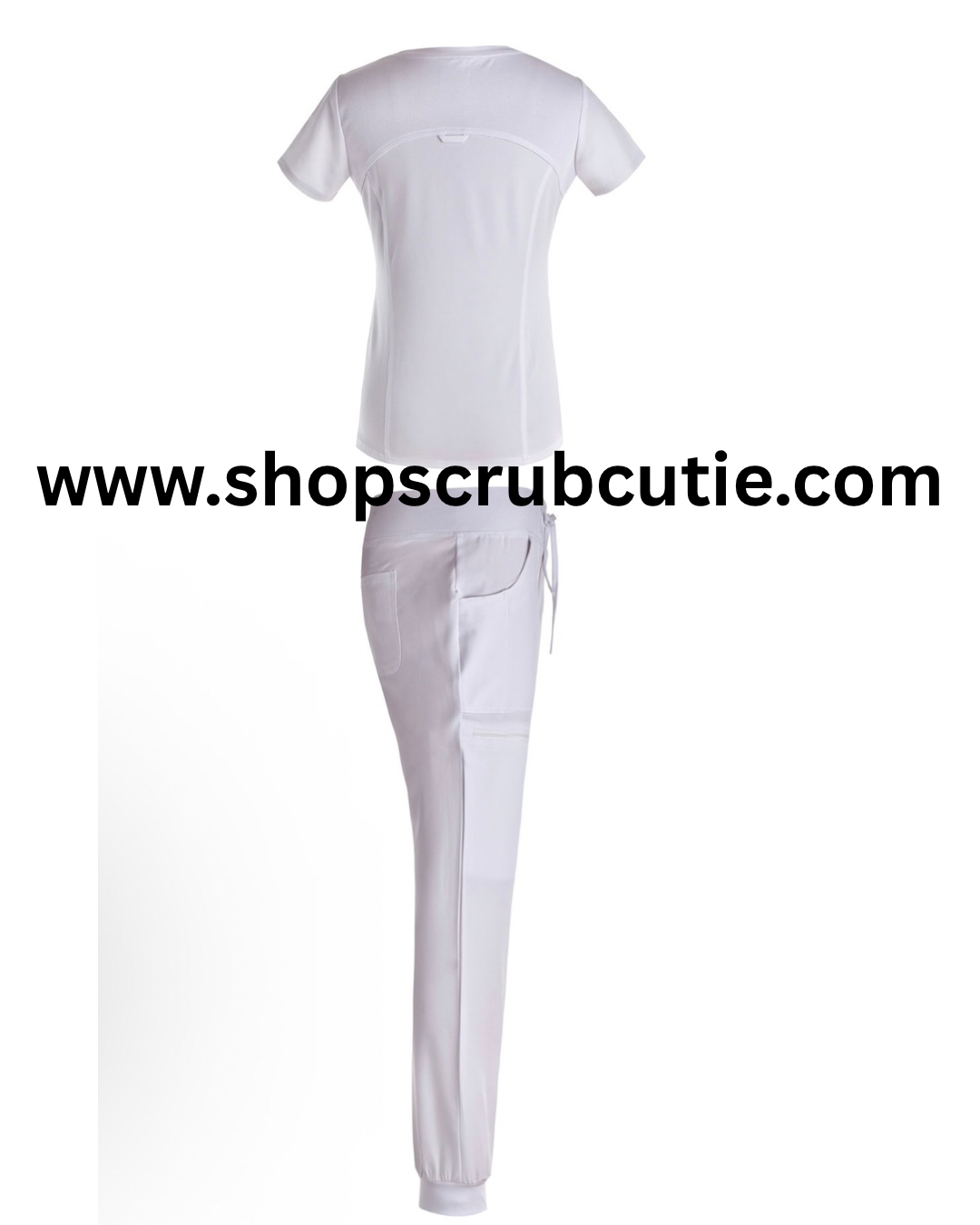White women’s jogger style scrub set with elastic cuffs