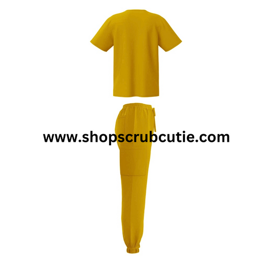 Yellow unisex jogger style scrub set with elastic cuffs