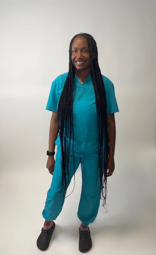Teal Green unisex jogger style scrub set with elastic cuffs
