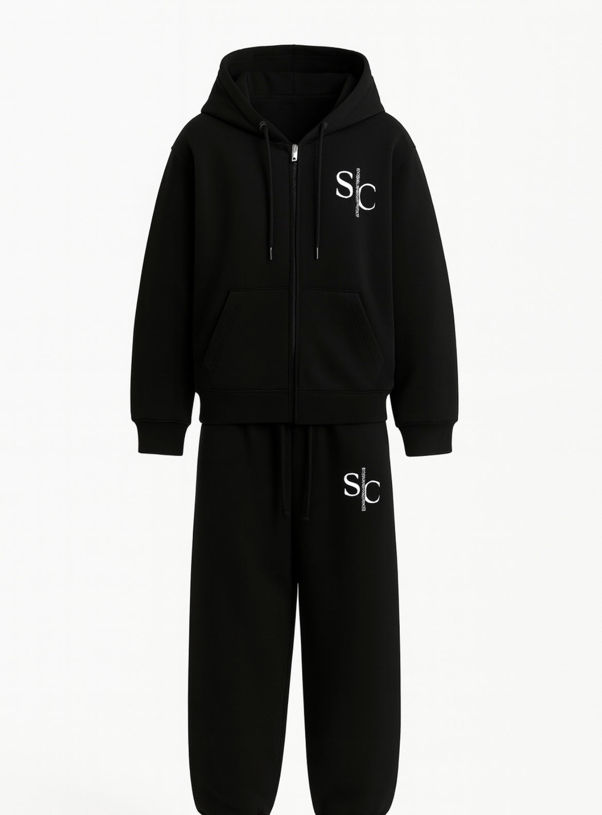 Black jogging suit set with matching top and pants 