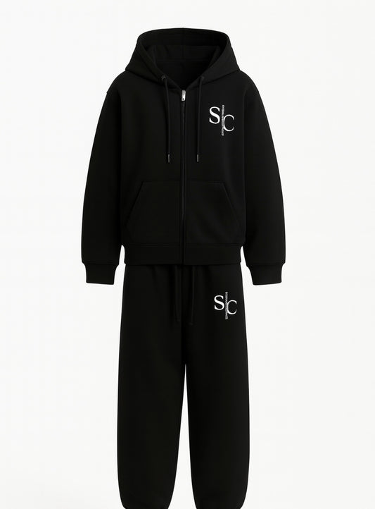 Black jogging suit set with matching top and pants 