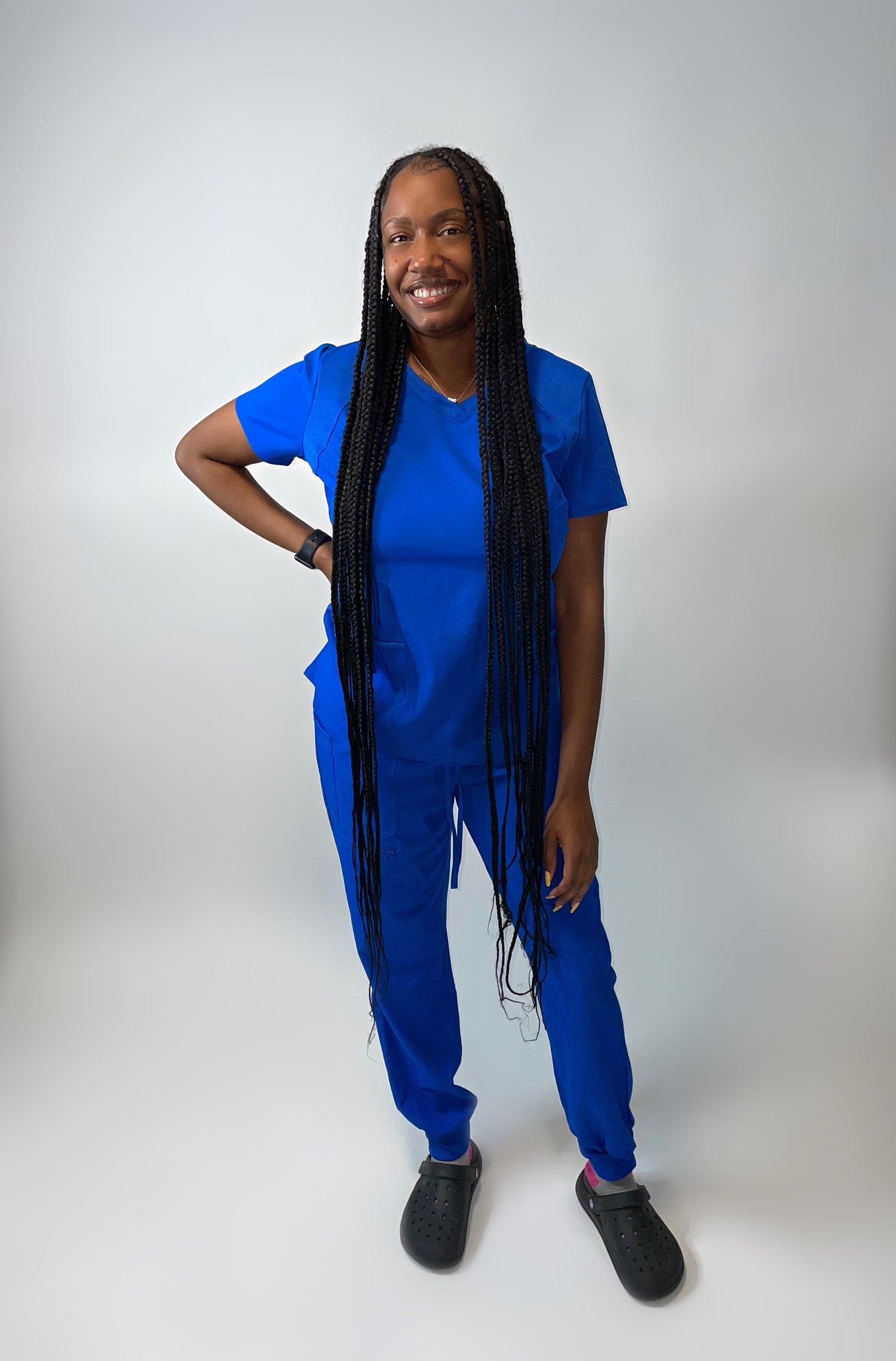 Royal Blue women’s jogger style scrub set with elastic cuffs